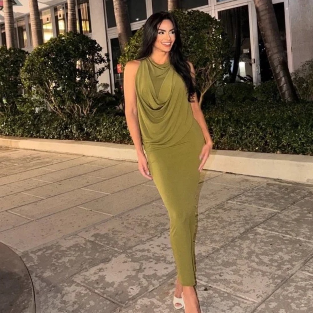 Zara Olive Green Draped Sleeveless Midi Dress